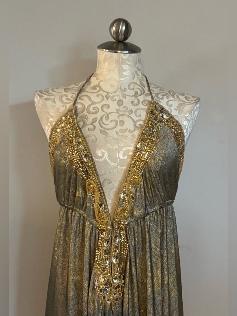 Boston Proper Gold Metallic Halter Evening Gown - Picture 9 of 12
